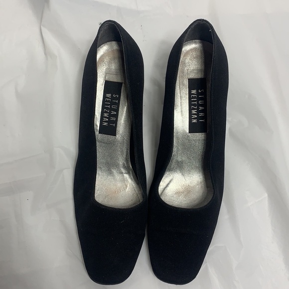 VINTAGE Stuart Weitzman Black Fabric Square Toe Slip On Heels Women’s Sz 8M - Picture 9 of 10